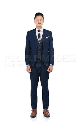 Buy stock photo Asian, businessman or portrait on isolated white background for about us, profile picture or corporate ID. Worker, employee or intern on marketing mockup, advertising space or studio backdrop mock up