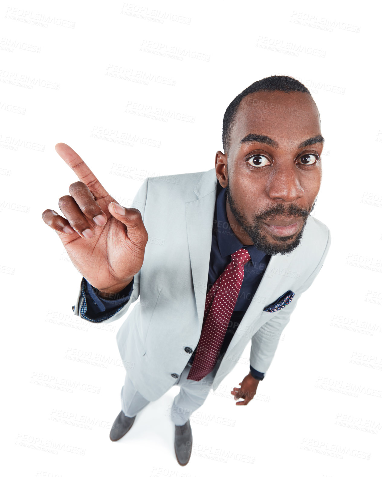 Buy stock photo High angle, portrait or pointing businessman on isolated white background, marketing space or advertising mockup. Thinking, curious and corporate worker face in creative pov with showing hand gesture