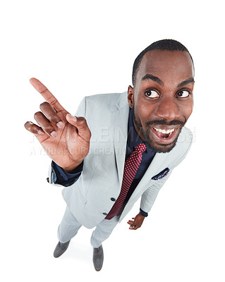 Buy stock photo High angle, businessman or excited pointing finger on isolated white background, marketing space or advertising mockup. Smile, happy and curious corporate worker, creative pov or showing hand gesture