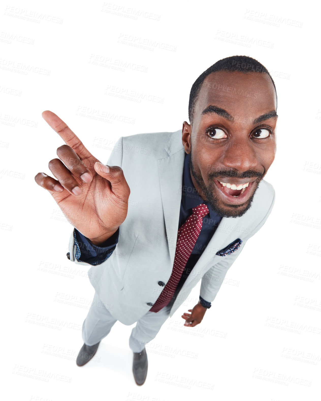 Buy stock photo High angle, businessman or excited pointing finger on isolated white background, marketing space or advertising mockup. Smile, happy and curious corporate worker, creative pov or showing hand gesture