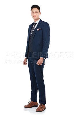 Buy stock photo Asian, businessman or suit portrait on isolated white background in about us, profile picture or corporate ID. Worker, employee or confidence on marketing mockup, advertising space or studio mock up