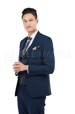 Buy stock photo Asian businessman, portrait and hands clasped on isolated white background in about us, profile picture or corporate ID. Worker, employee and ready gesture on marketing mockup and advertising mock up