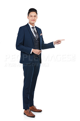 Buy stock photo Smile, portrait or pointing businessman on isolated white background, marketing space or advertising mockup. Happy, asian and corporate worker face with show hand gesture at financial investment deal