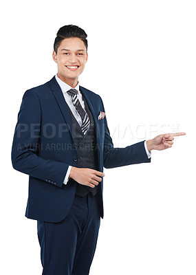 Buy stock photo Happy, portrait or pointing businessman on isolated white background, marketing space or advertising mockup. Smile, asian and corporate worker face with show hand gesture at financial investment deal