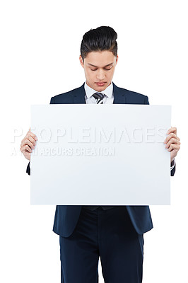 Buy stock photo Thinking businessman, paper or poster mockup for marketing space, advertising mock up or promotion. Corporate worker, banner or blank billboard sign on isolated white background for about us branding