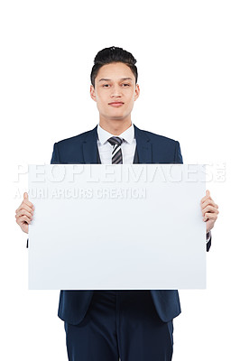 Buy stock photo Businessman portrait, paper or poster mockup for marketing space, advertising mock up or promotion. Corporate worker, banner or blank billboard sign on isolated white background for about us branding