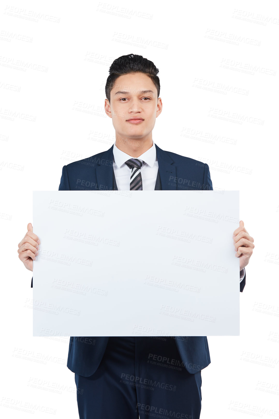 Buy stock photo Businessman portrait, paper or poster mockup for marketing space, advertising mock up or promotion. Corporate worker, banner or blank billboard sign on isolated white background for about us branding