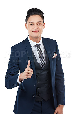 Buy stock photo Asian, businessman portrait or thumbs up in success, vote or mission goals on isolated white background. Smile, happy or corporate worker in like, thank you or winner hands gesture or support trust