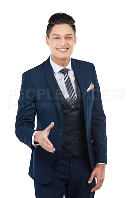 Buy stock photo Asian businessman, portrait or handshake on isolated white background for deal, welcome or hello. Smile, happy or corporate worker in shaking hands gesture for thank you, partnership or collaboration