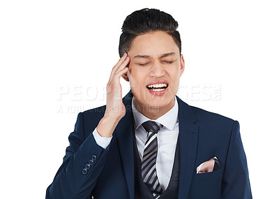 Buy stock photo Burnout, stress and businessman with a headache with pain and feeling frustrated due to mental health. Corporate and professional employee depressed and isolated against a studio white background