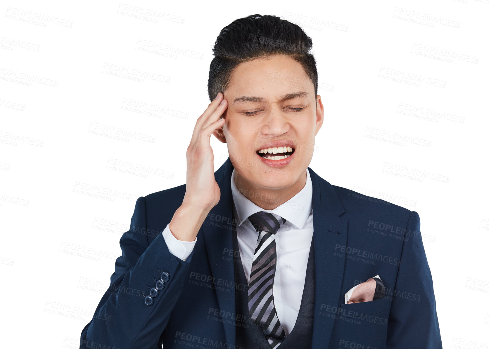 Buy stock photo Burnout, stress and businessman with a headache with pain and feeling frustrated due to mental health. Corporate and professional employee depressed and isolated against a studio white background