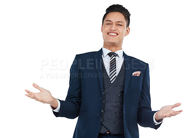 Buy stock photo Portrait, shrug and mockup with a business asian man in studio isolated on a white background to answer a question. Gesture, carefree and mock up with a male employee shrugging on blank space