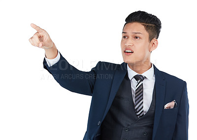 Buy stock photo Businessman, curious or pointing on isolated white background, marketing space or advertising mockup. Thinking, question or corporate worker with showing hand gesture at interesting or confused offer