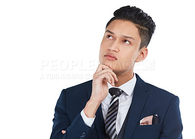 Buy stock photo Businessman, thinking and standing isolated on a white background in thought for idea or decision. Business male, person or man model contemplating strategy, wondering or deciding for a solution