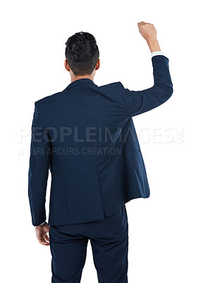 Buy stock photo Man, hands up and fist in business empowerment, solidarity and community support on isolated white background. Corporate worker, employee and protest hand gesture for gender equality and human rights