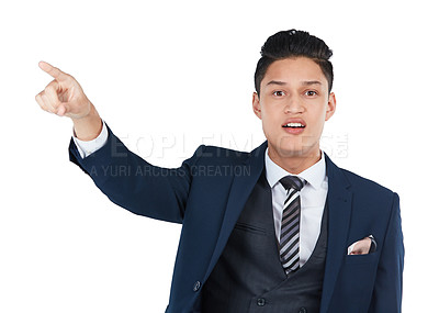Buy stock photo Businessman portrait, curious or pointing on isolated white background, marketing space or corporate advertising mockup. What, question or confused worker and showing hand gesture at interesting deal