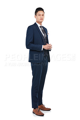 Buy stock photo Thinking, portrait or hands clasped on isolated white background in about us, profile picture or corporate ID mockup. Businessman, employee or worker ready gesture, marketing mock up or job interview