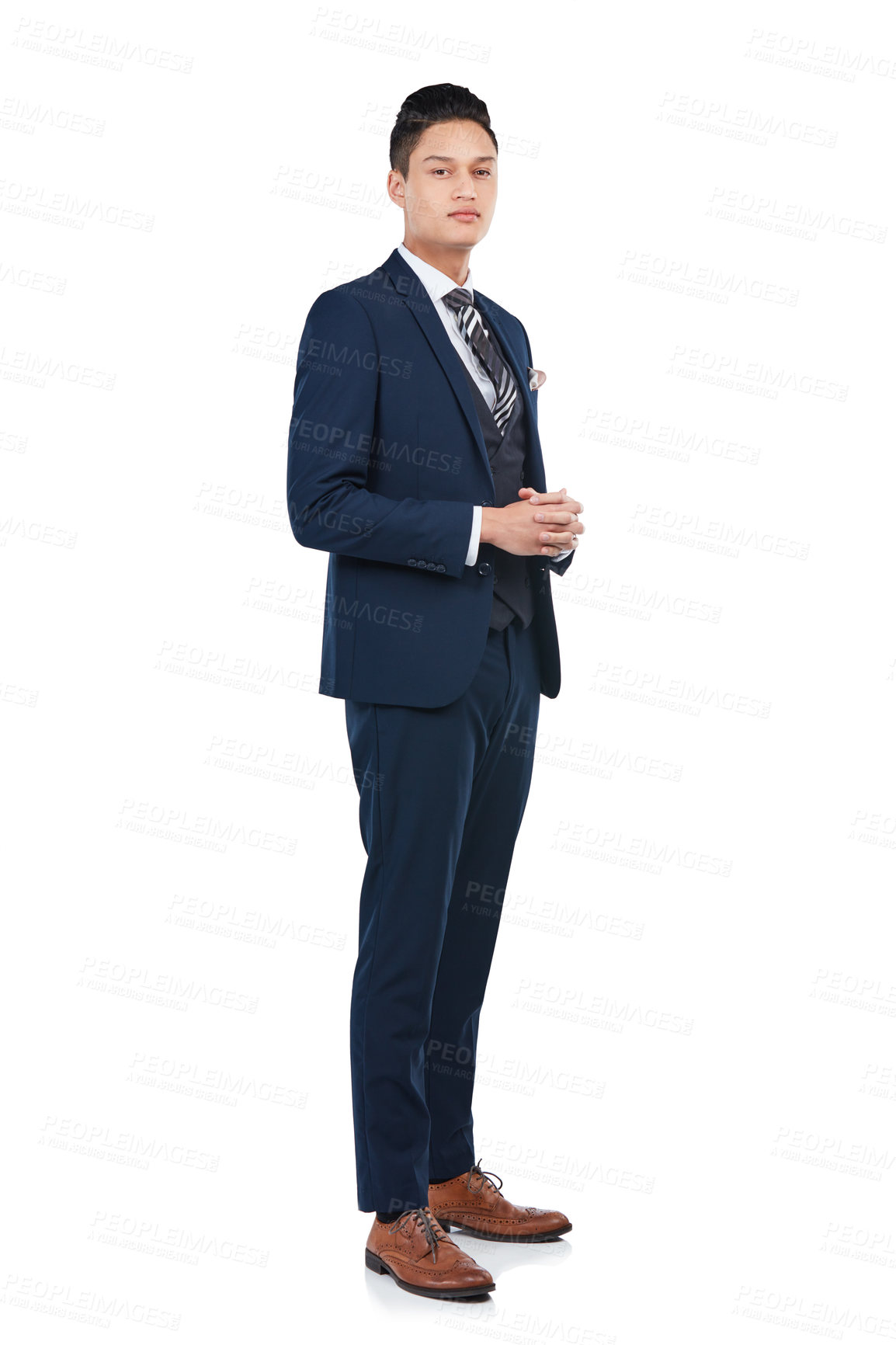 Buy stock photo Thinking, portrait or hands clasped on isolated white background in about us, profile picture or corporate ID mockup. Businessman, employee or worker ready gesture, marketing mock up or job interview