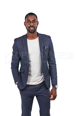 Buy stock photo Black businessman, portrait or fashion suit on isolated white background in smart casual, cool or trendy clothes. Creative designer, worker or formal employee with vision glasses, goals or innovation