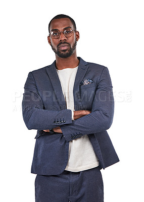 Buy stock photo Businessman, portrait or arms crossed with vision glasses, ideas or innovation on isolated white background. Creative designer, worker or employee with fashion suit on marketing or advertising mockup
