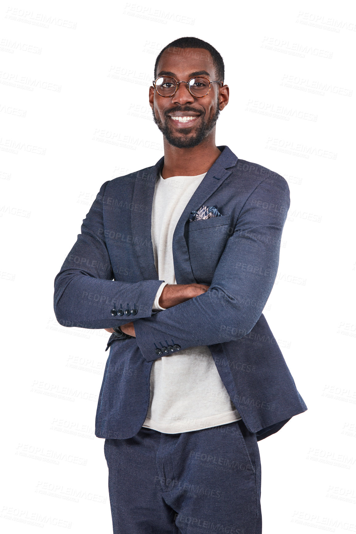 Buy stock photo Happy businessman, portrait or arms crossed and vision glasses, ideas or innovation on isolated white background. Creative designer, worker or employee in fashion suit on advertising marketing mockup
