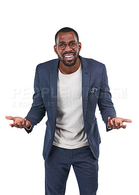 Buy stock photo Confused, business man portrait and shrug of a professional employee in a studio. Isolated, white background and entrepreneur of an african executive with confusion doubt, uncertainty and glasses 