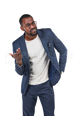 Buy stock photo Doubt, confused and mockup with a business black man in studio isolated on a white background asking a question.  Thinking, idea and mock up with a young male employee standing on blank space