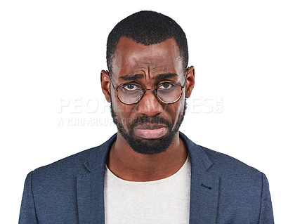 Buy stock photo Sad, business man and black worker portrait of depressed face with sadness from work. White background, isolated and professional model person disappointed of corporate job fail or mistake in studio