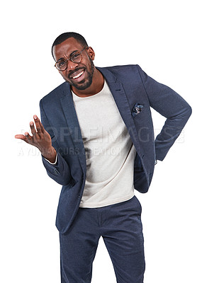 Buy stock photo Confused, question and portrait of black man or businessman isolated against a studio white background. Wtf, huh and corporate professional employee, worker or entrepreneur asking gesture