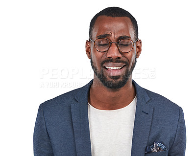 Buy stock photo Business, black man and upset for financial crisis, stock market crash and guy isolated on white studio background. African American male, employee and consultant with depression, stress and crying