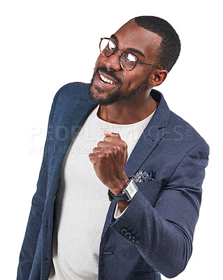 Buy stock photo Portrait, winner or businessman with success fist on isolated white background for promotion growth or victory. Smile, happy or creative worker with yes hands gesture, wow face or excited on mock up