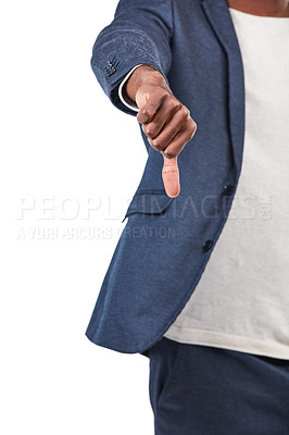 Buy stock photo Black man, hands and thumbs down for fail, disagree or incorrect against a white studio background. Hand of isolated African American man showing thumb down gesture for failure on a white background