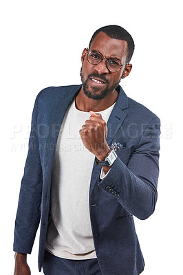 Buy stock photo Portrait, businessman or fist in motivation, power or mission goals on isolated mockup, white background or mock up.. Creative, worker or employee and yes hands gesture, success mindset or expression