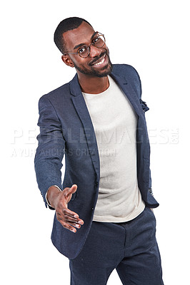 Buy stock photo Businessman, portrait or handshake on isolated white background in trust deal, welcome or hello. Smile, happy or creative designer in shaking hands gesture for thank you, partnership or collaboration