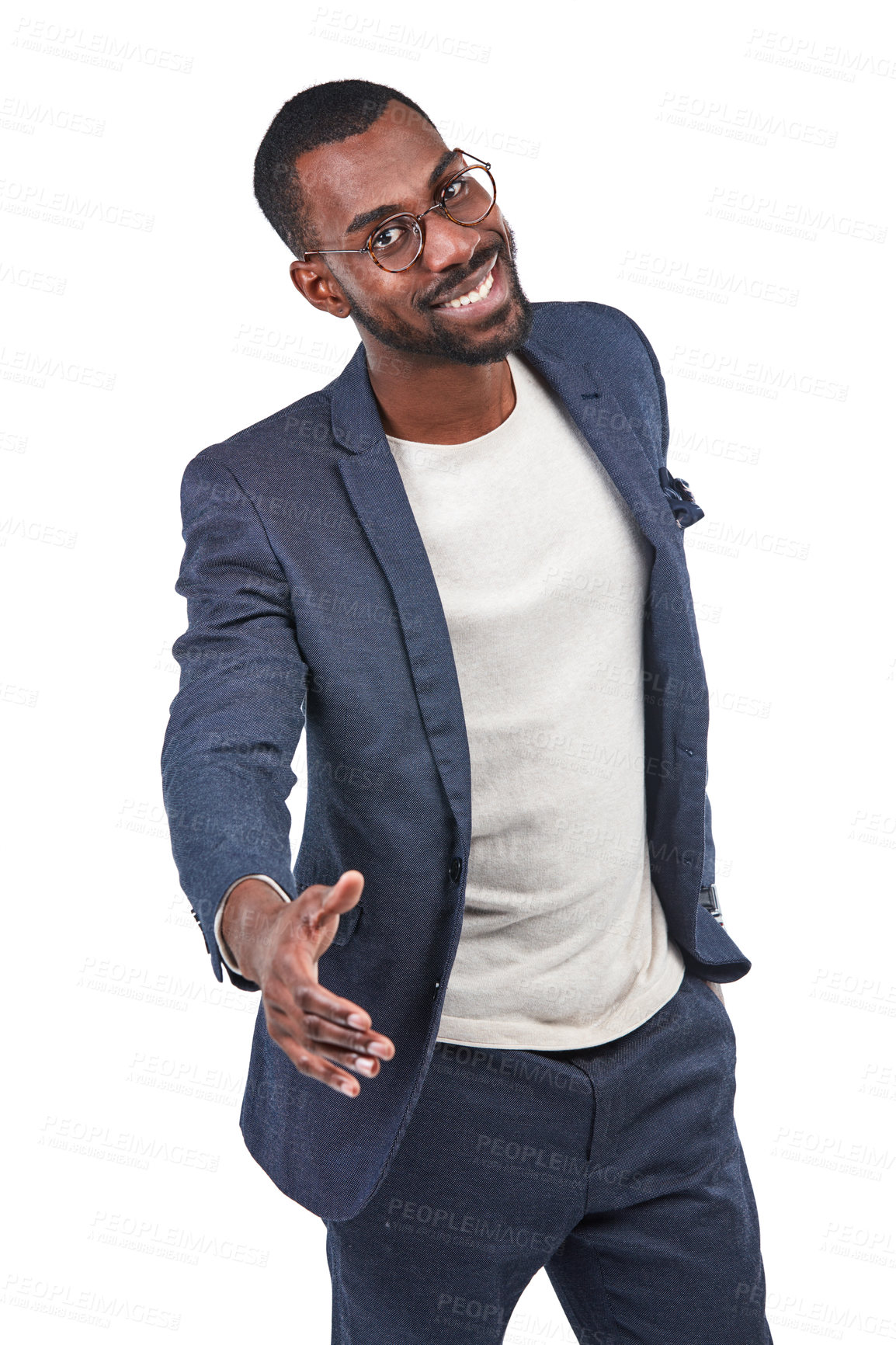 Buy stock photo Businessman, portrait or handshake on isolated white background in trust deal, welcome or hello. Smile, happy or creative designer in shaking hands gesture for thank you, partnership or collaboration