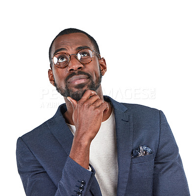 Buy stock photo Businessman, thinking or curious facial expression on isolated white background with vision, glasses or innovation. Creative designer, worker or employee with ideas, strategy planning or wondering