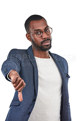 Buy stock photo Sad, disappointed and portrait of a black man with a thumbs down isolated on a white background. Frustrated, angry and African businessman with a negative hand gesture for fail, mistake and problem