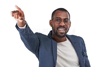 Buy stock photo Businessman, portrait or pointing hand in directions, order or instruction on isolated white background. Smile, happy worker or creative designer with showing finger, hand gesture or mockup backdrop