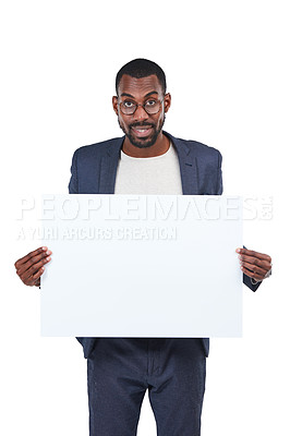 Buy stock photo Portrait, creative and poster mockup for marketing paper space, advertising mock up and promotion. Banner, blank and billboard sign for happy worker, smile or businessman on isolated white background