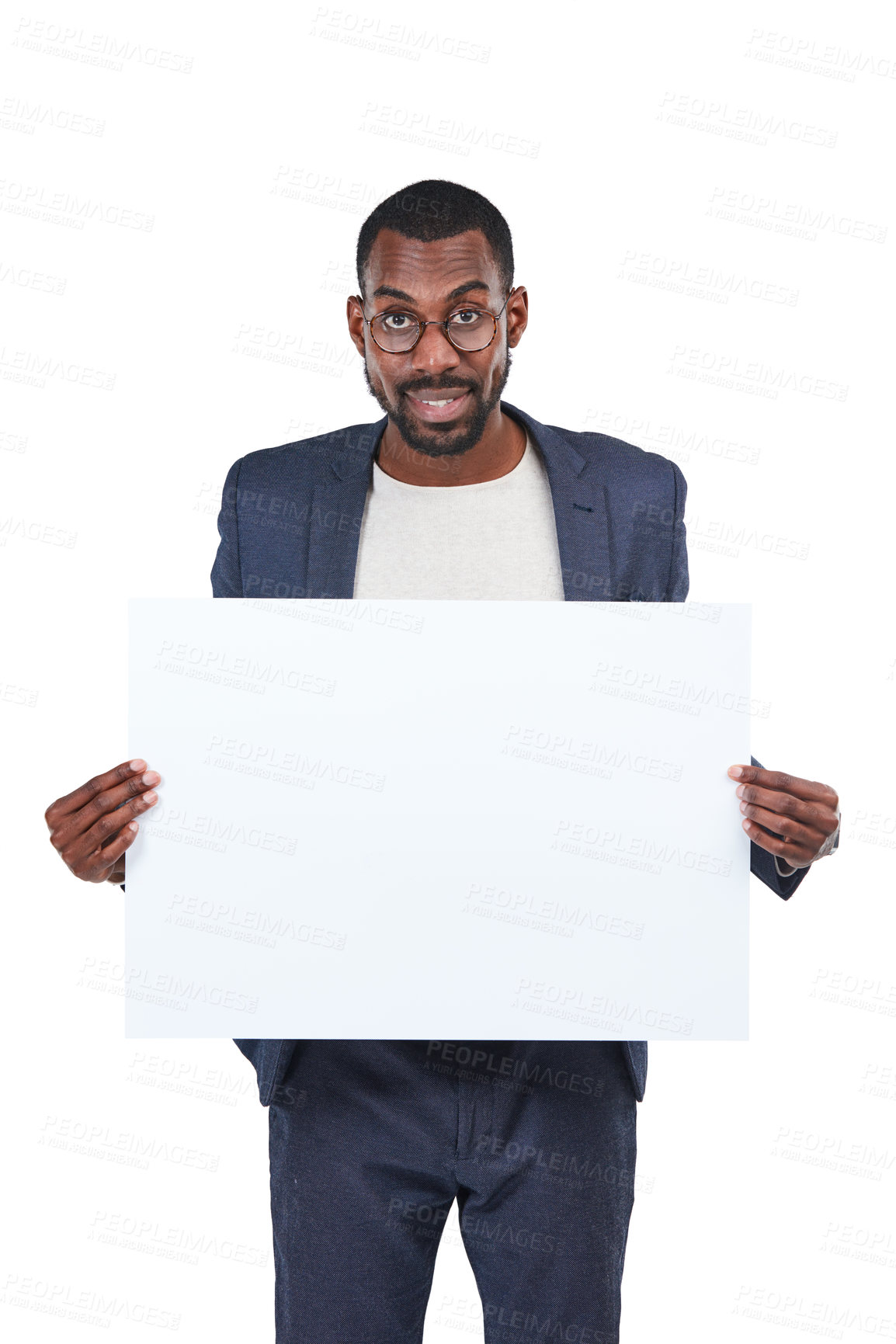 Buy stock photo Portrait, creative and poster mockup for marketing paper space, advertising mock up and promotion. Banner, blank and billboard sign for happy worker, smile or businessman on isolated white background