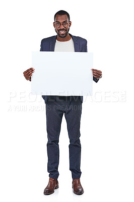 Buy stock photo Businessman portrait, happy worker and poster mockup on marketing paper, advertising mock up and promotion space. Banner, blank and billboard sign for creative designer on isolated white background