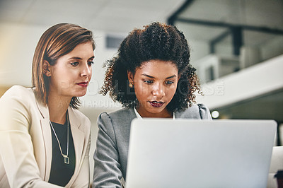 Buy stock photo Cropped shot of two businesswomen working together on a laptop in an office