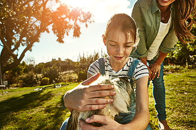 Buy stock photo Shot of a little girl and her mother playing with their dog at the park