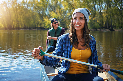 Buy stock photo Lake, canoe and couple with nature, love and happiness with romance, relationship or bonding together. Water, river or man with woman, environment or getaway trip with weekend break, holiday or smile