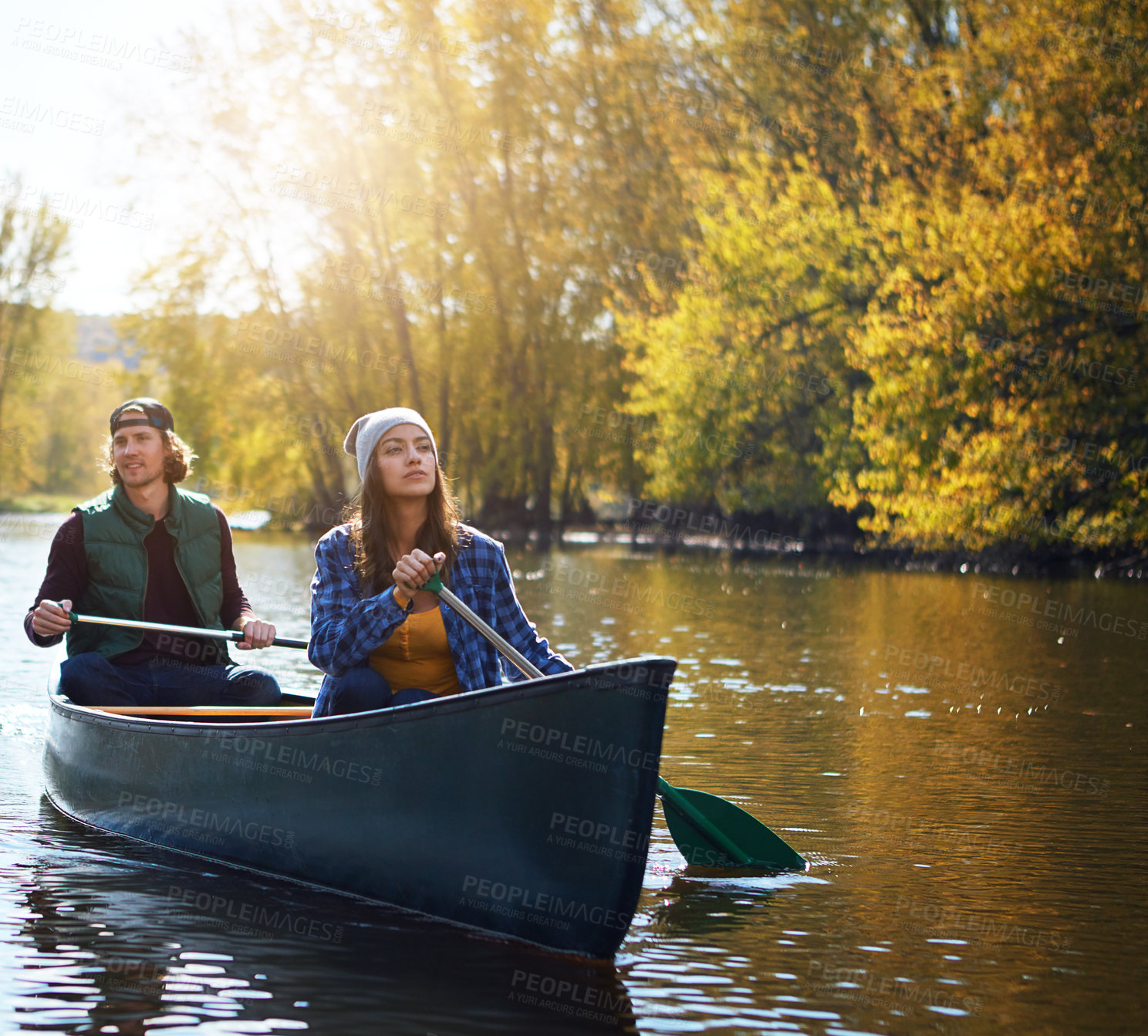 Buy stock photo Lake, canoe and couple with nature, journey and hobby with holiday, happiness and getaway trip. River, man or woman with relationship, honeymoon or travel with adventure, vacation or bonding together