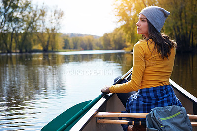 Buy stock photo Woman, back and canoeing for water sport in nature, wellness hobby and single blade paddle for rowing. Vacation, relax and explore exercise on travel for summer holiday, canoe boat and trees on river