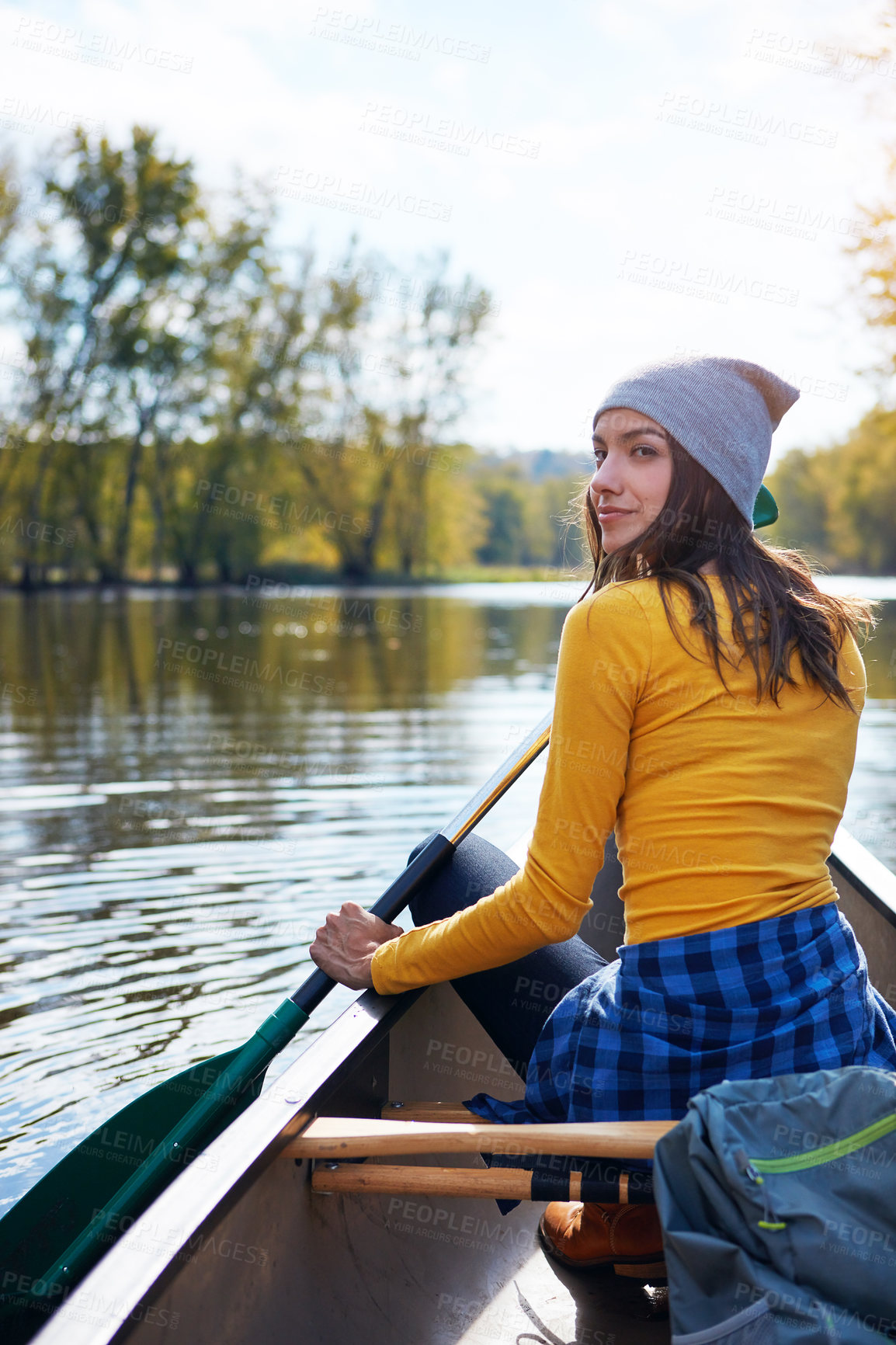 Buy stock photo Woman, water and thinking on lake canoeing, wellness hobby and single blade paddle for rowing. Vacation, relax and explore exercise on travel in summer, canoe boat and trees on river for fitness