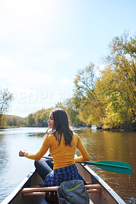 Buy stock photo Woman, back and canoeing for water sport in nature, wellness hobby and single blade paddle for rowing. Vacation, relax and explore exercise on travel for summer holiday, canoe boat and trees on river