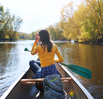 Buy stock photo Woman, water and thinking on lake canoeing, wellness hobby and single blade paddle for rowing. Vacation, relax and explore exercise on travel in summer, canoe boat and trees on river for fitness