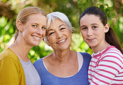 Buy stock photo Portrait, women or girl as family, support or visit to relax as happy, bonding or together. Grandma, mother or female kid as smile, sunshine or retirement in garden on morning summer day in Dublin